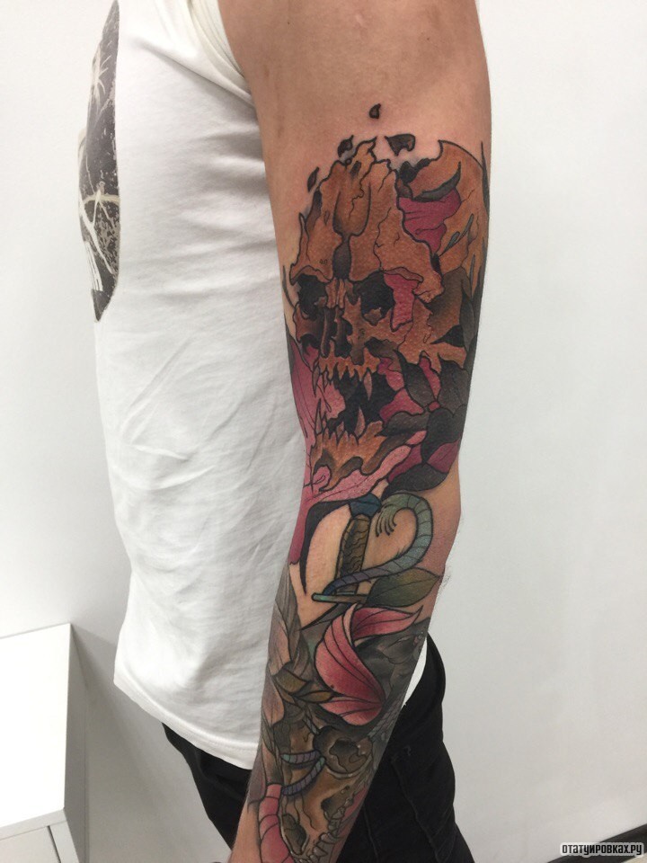 Фотография татуировки под названием «Череп с кинжалом на руке»