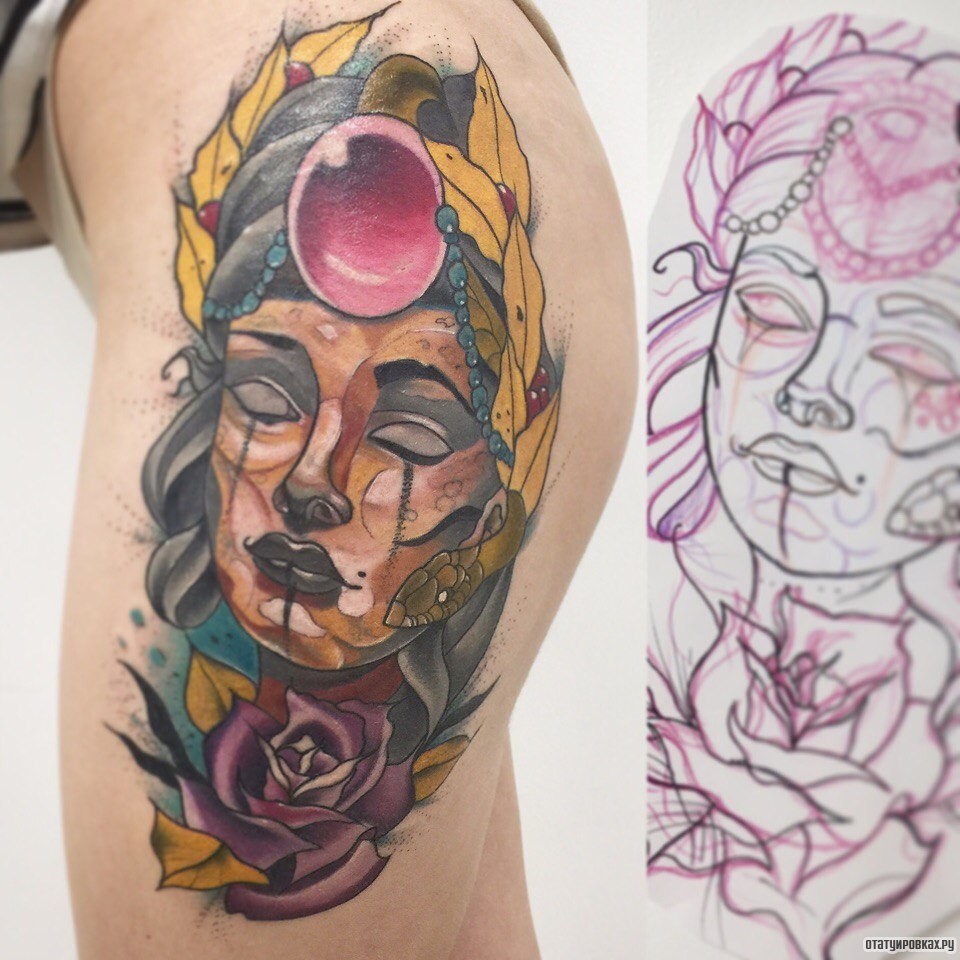 Фотография татуировки под названием «Лицо девушки с розой на бедре»