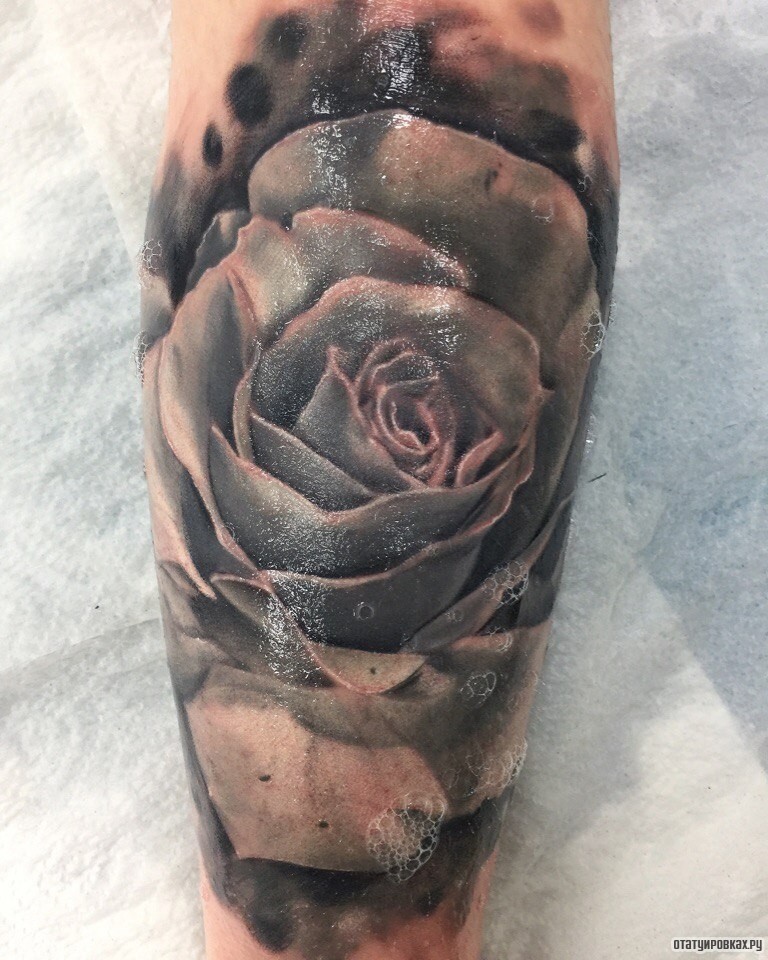 Фотография татуировки под названием «3д роза на голени»
