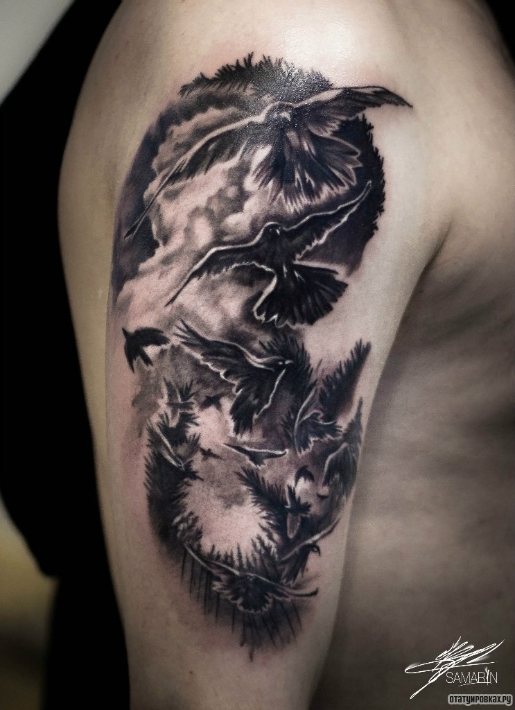 Фотография татуировки под названием «Птицы на плече на фоне неба»