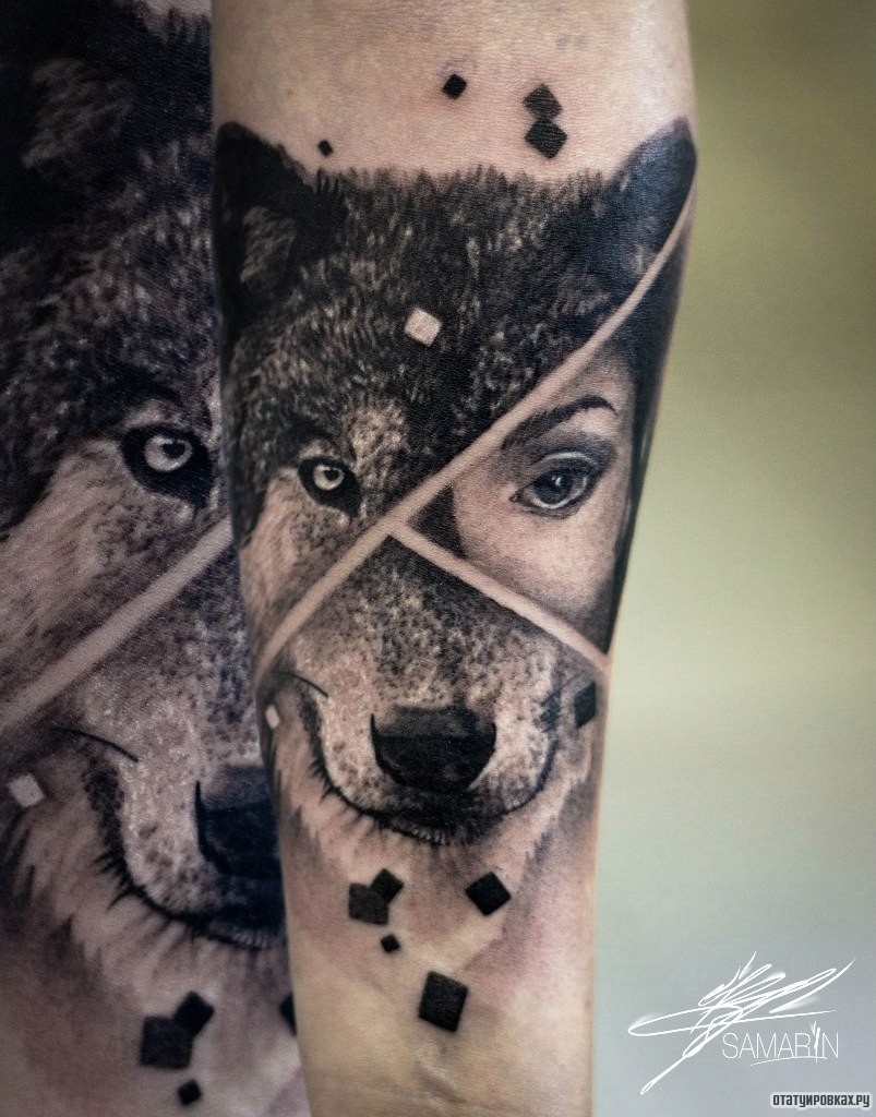 Фотография татуировки под названием «Волк девушка на предплечье»