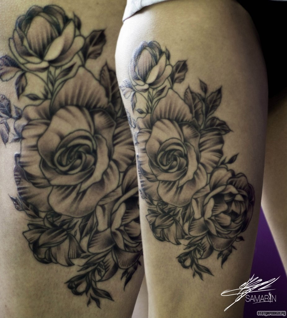 Фотография татуировки под названием «Цветы розы ра бедре»