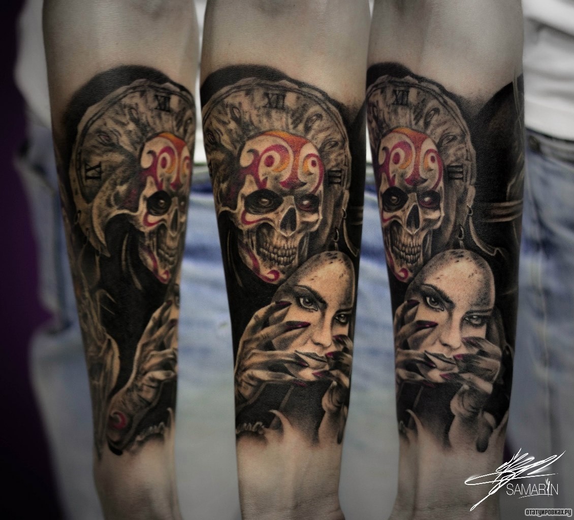 Фотография татуировки под названием «Череп с маской девушки на предплечье»