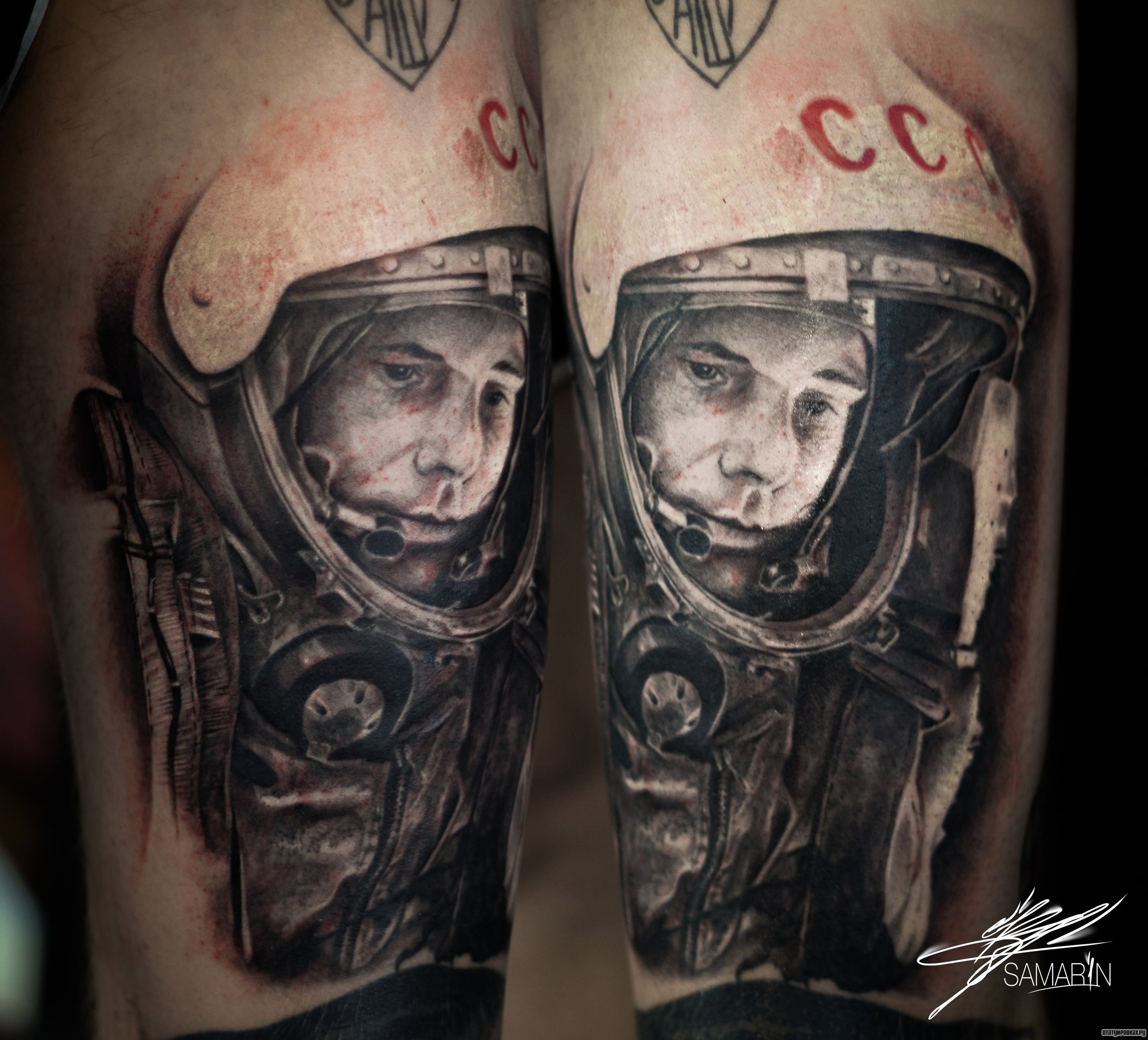 Фотография татуировки под названием «Космонавт ссср гагарин на плече»