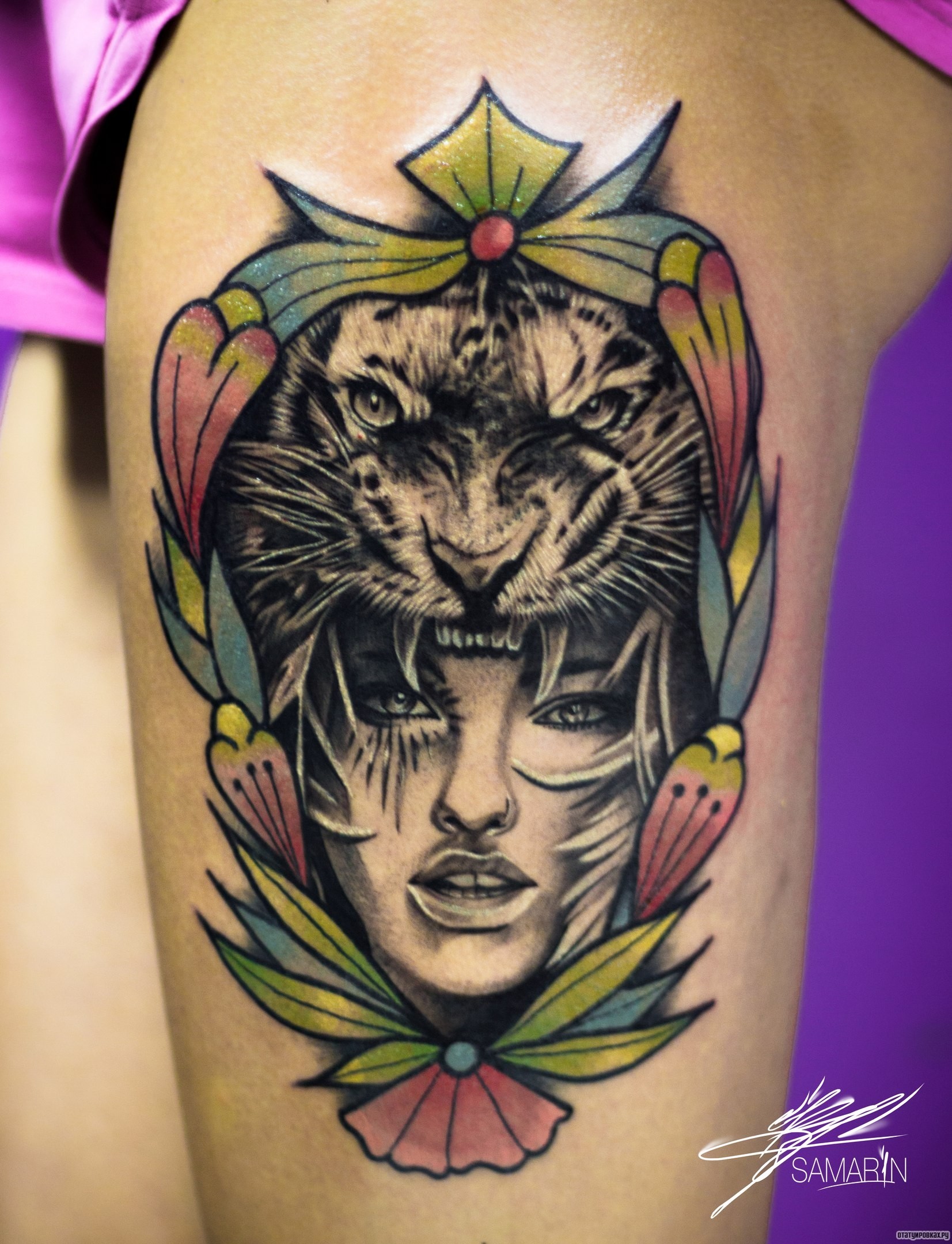 Фотография татуировки под названием «Девушка с тигром на голове, тату на плече»