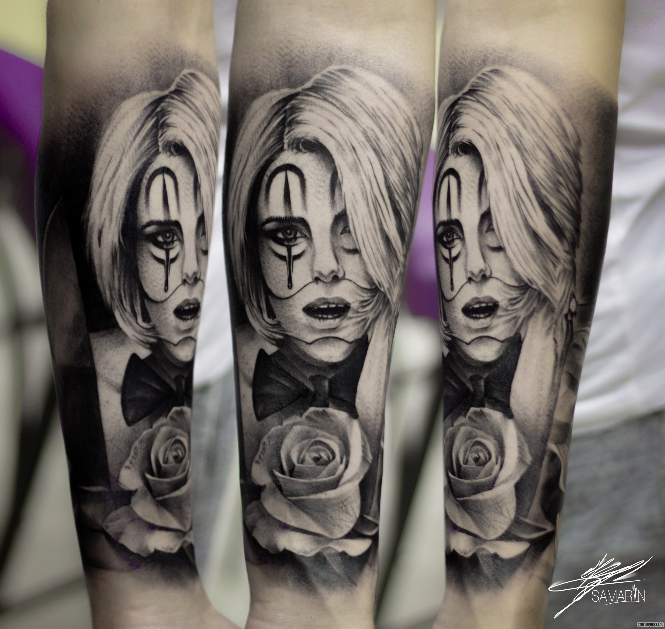 Фотография татуировки под названием «Девушка клоун с розой на предплечье»