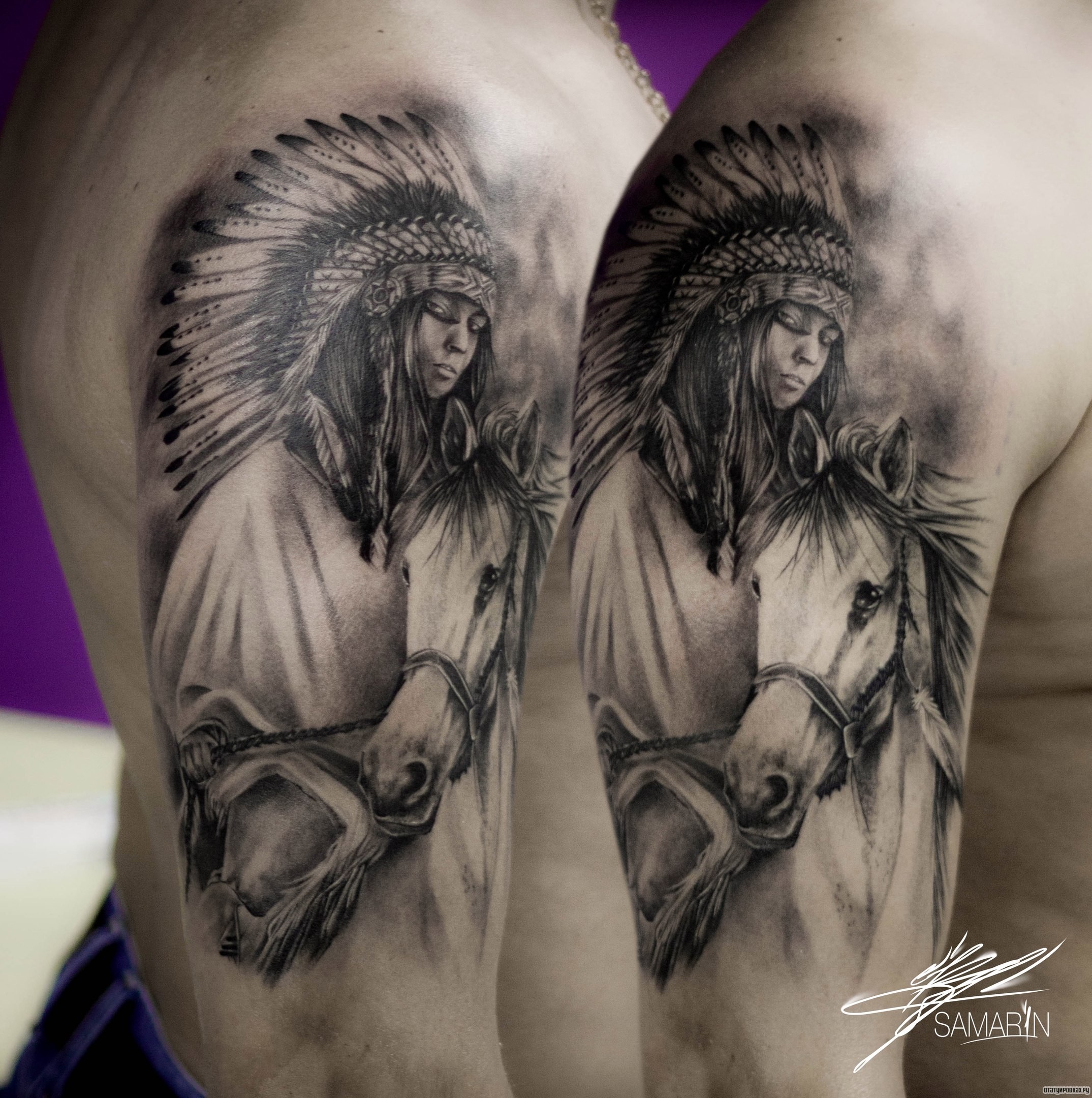Фотография татуировки под названием «Девушка индеец на лошади на плече»