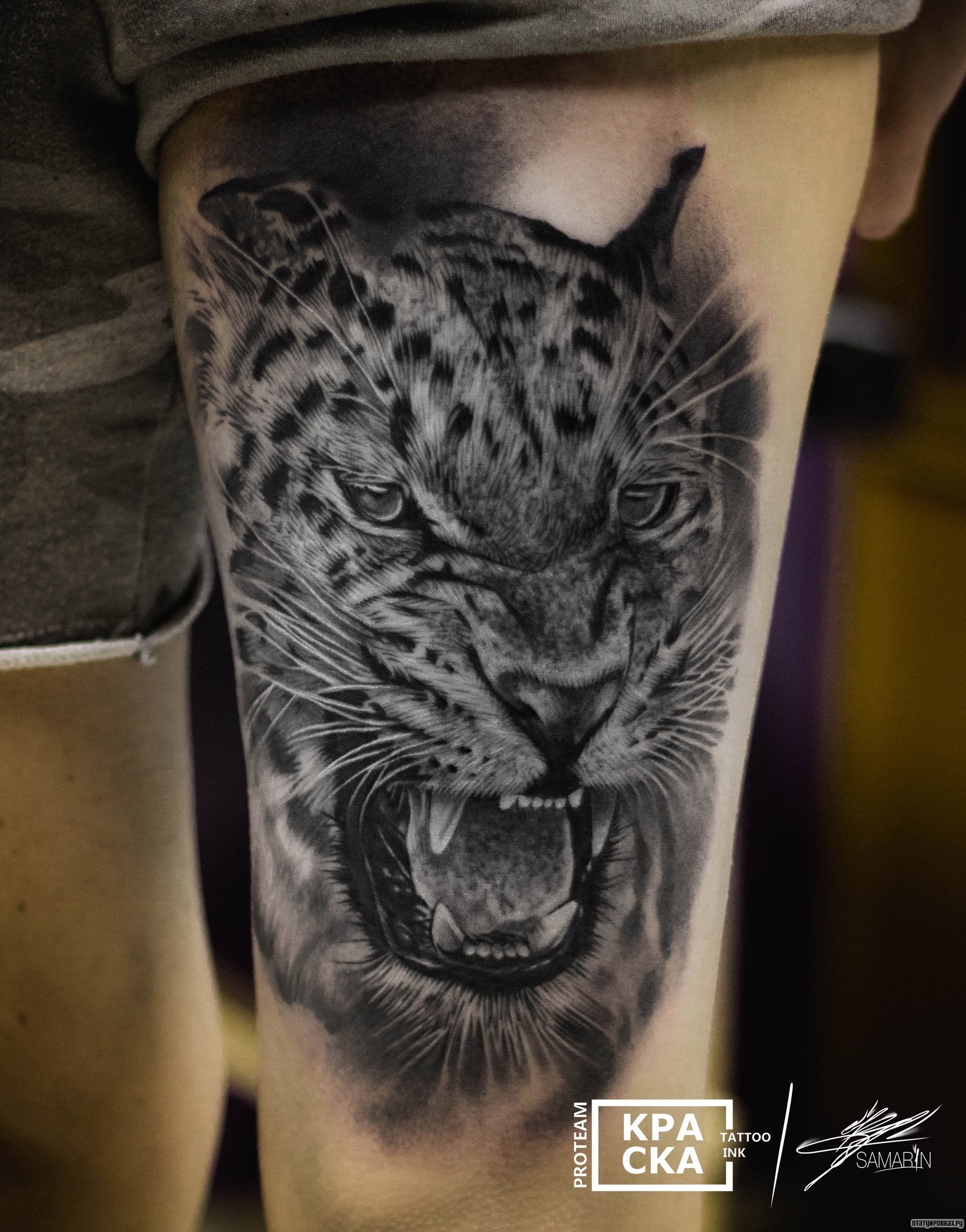 Фотография татуировки под названием «Оскал тигра на бедре»