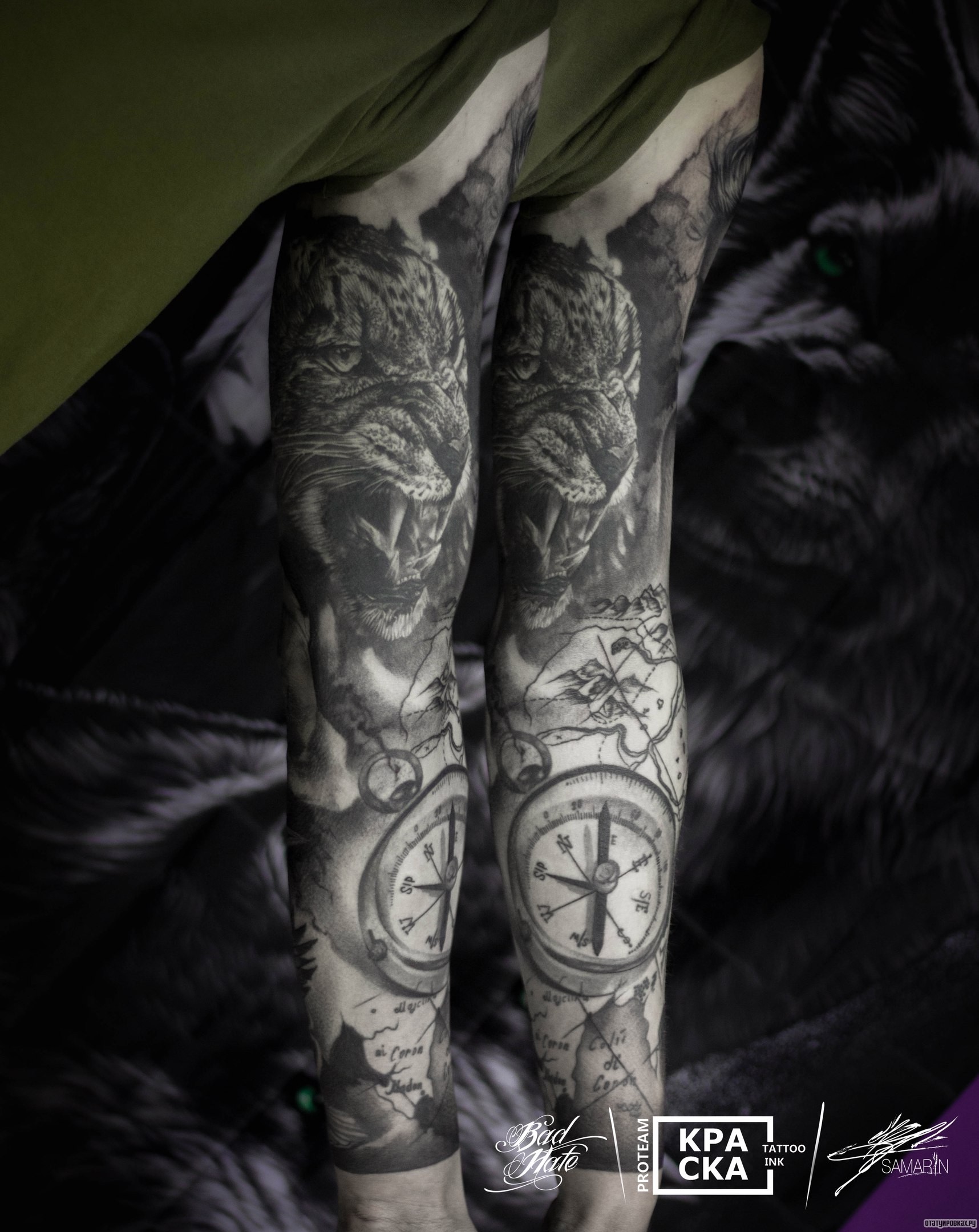 Фотография татуировки под названием «Оскал тигра и компас рукав»