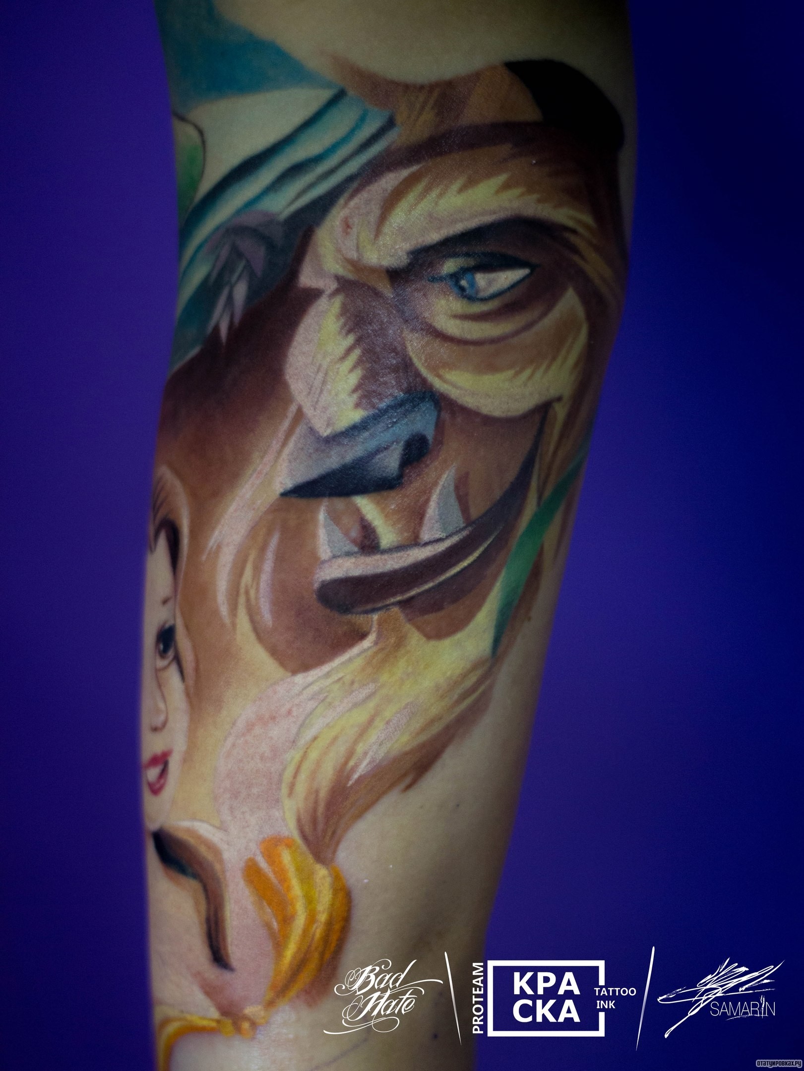 Фотография татуировки под названием «Лицо льва изх мультика на руке»