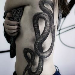 Черная змея сбоку тела девушки