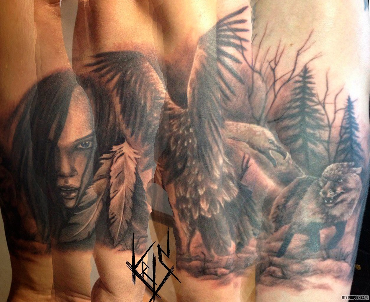 Фотография татуировки под названием «Орел, волк и девушка с перьями»