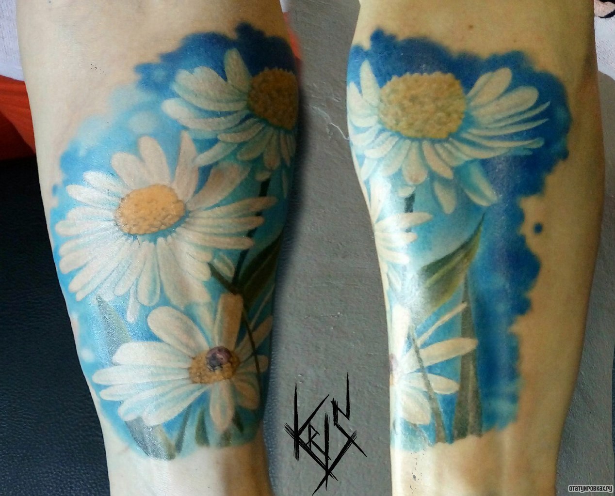 Фотография татуировки под названием «Ромашки в поле на голени»