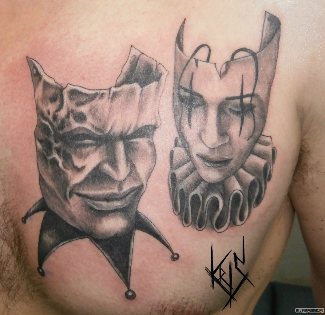 Фотография татуировки под названием «Две маски на груди»