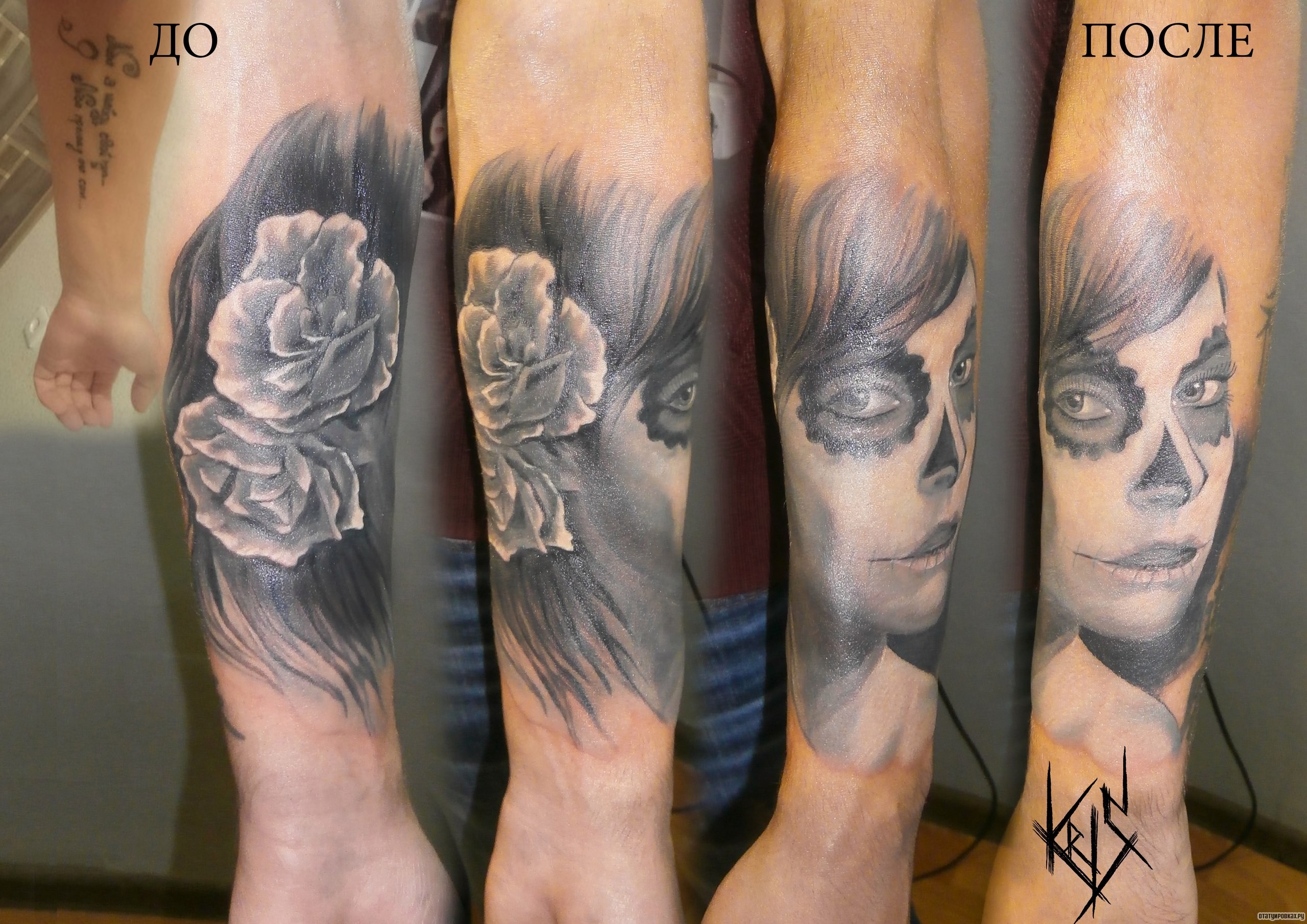 Фотография татуировки под названием «Девушка с цветами на голове в стиле чикано, тату на предплечье»