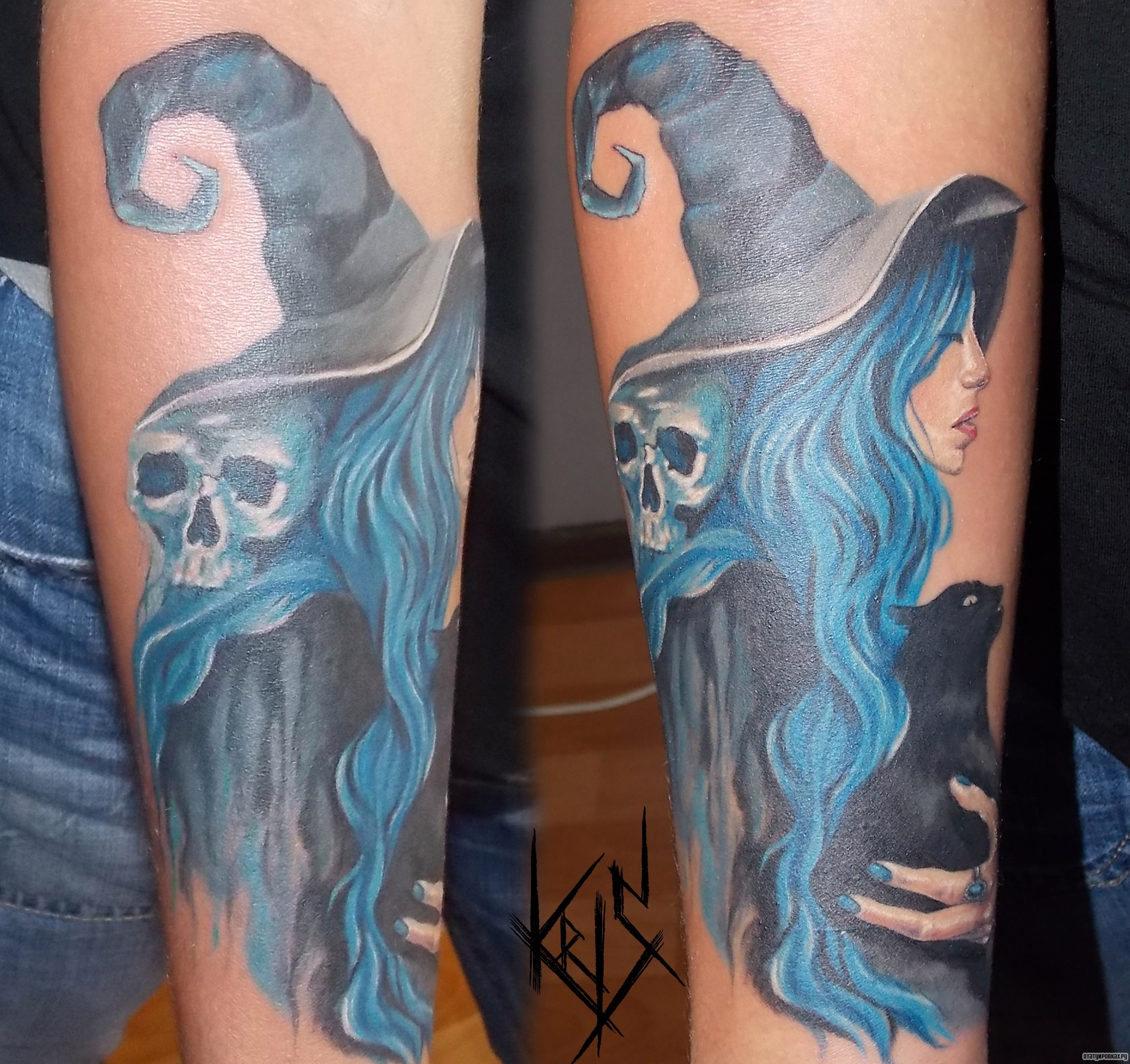 Фотография татуировки под названием «Девушка с черепом на предплечье»