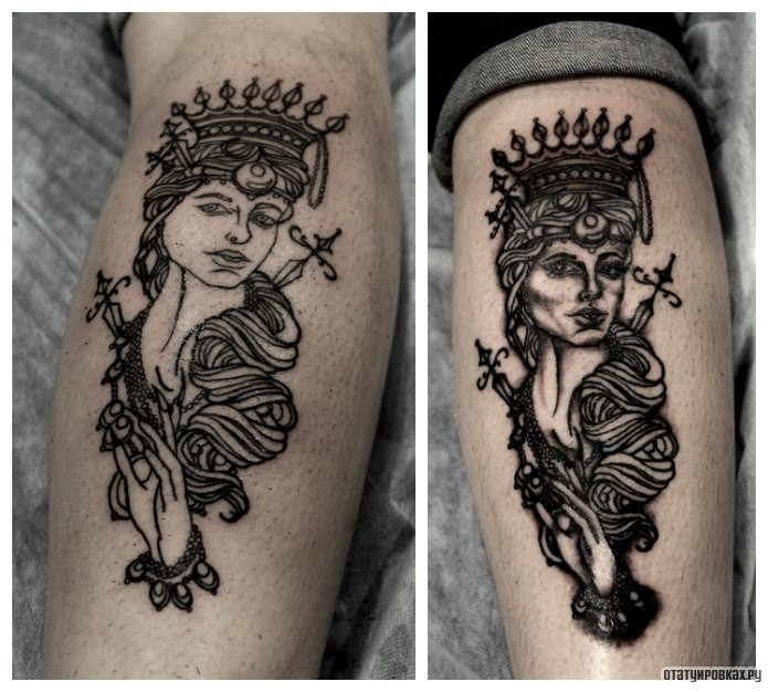 Фотография татуировки под названием «Девушка в короне на голени»