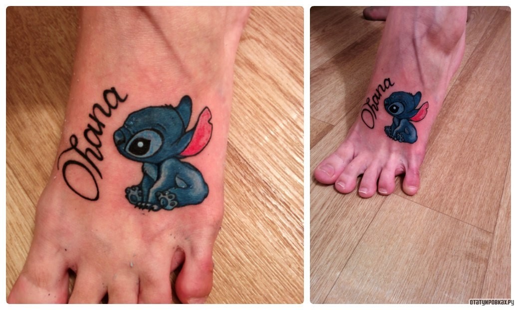 Фотография татуировки под названием «Лило и ститч на ступне»