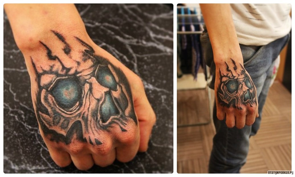 Фотография татуировки под названием «Череп на кисти с синими глазами»