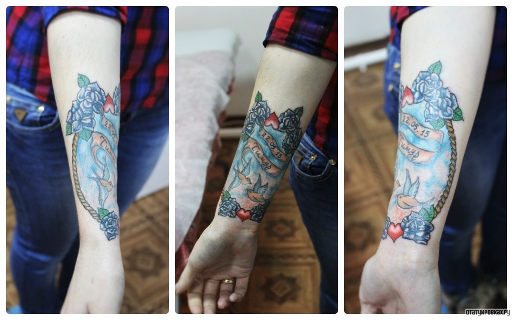 Фотография татуировки под названием «Цветы, ласточки, в память на предплечье»