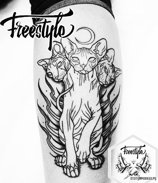 Фотография татуировки под названием «Трехглавый кот с месяцем на голени»