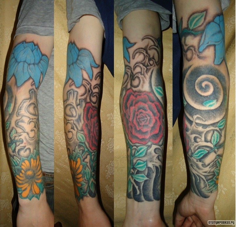 Фотография татуировки под названием «Цветы и волны, японская тату на предплечье»