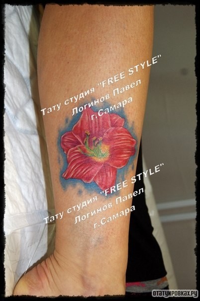 Фотография татуировки под названием «Цветок лилии на голени»