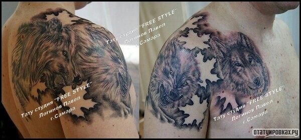 Фотография татуировки под названием «Два волка и кленовые листья на плече»