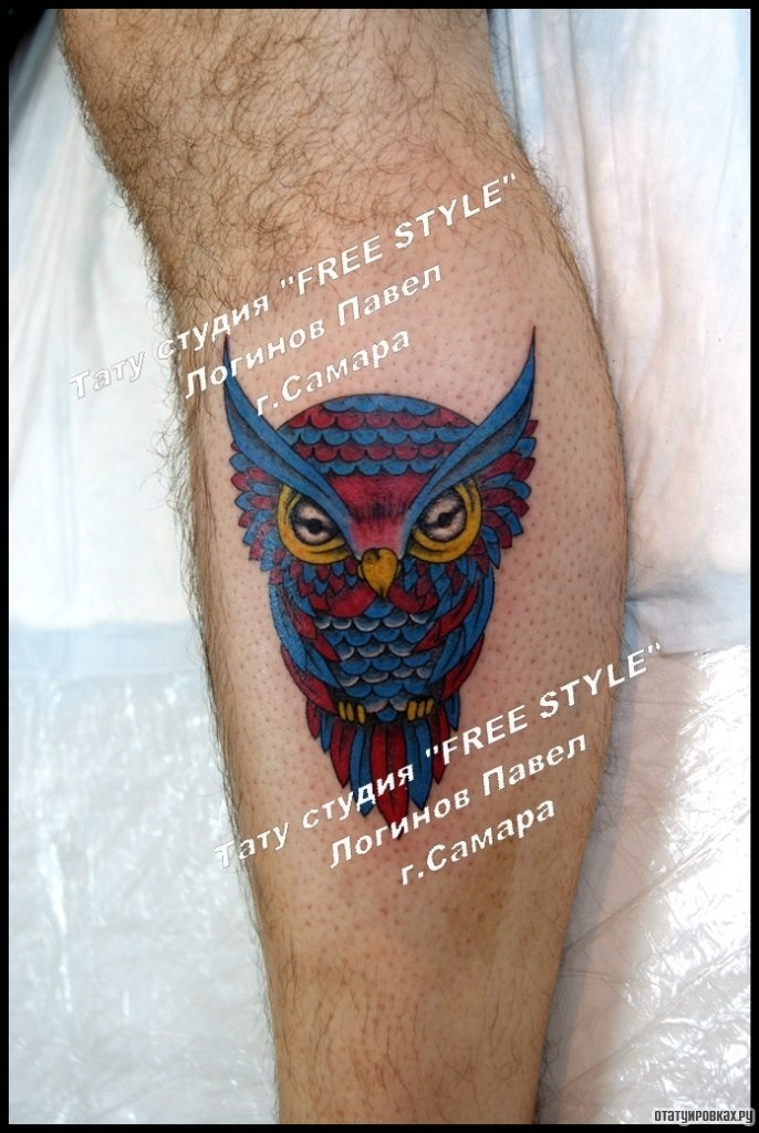 Фотография татуировки под названием «Сова сине красная на голени»