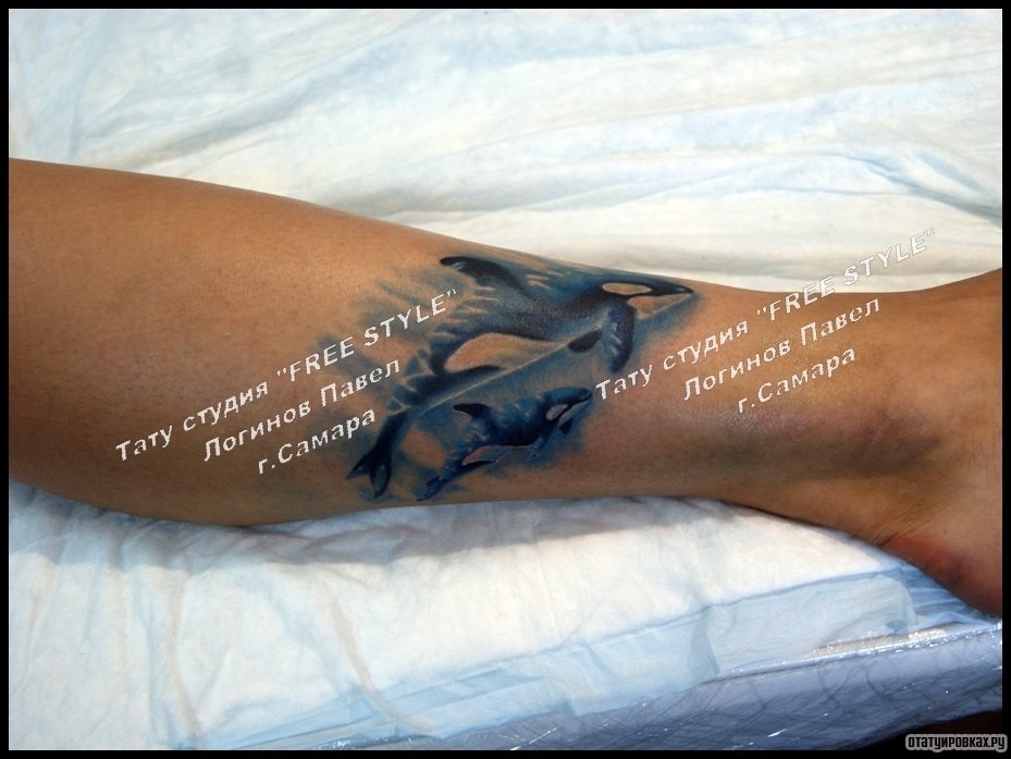 Фотография татуировки под названием «Два кита на голени»