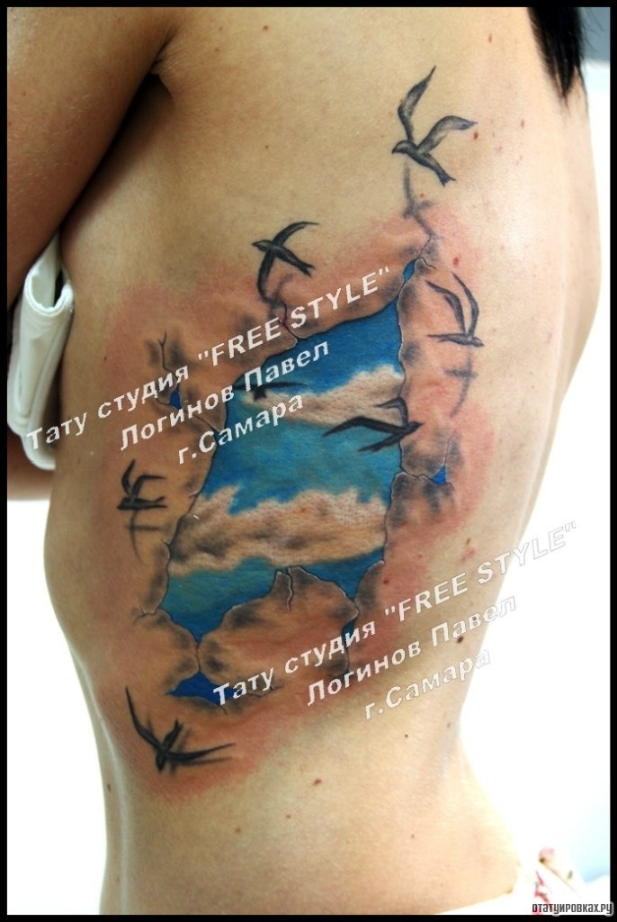 Фотография татуировки под названием «Голубое небо с ласточками сбоку тела девушки»