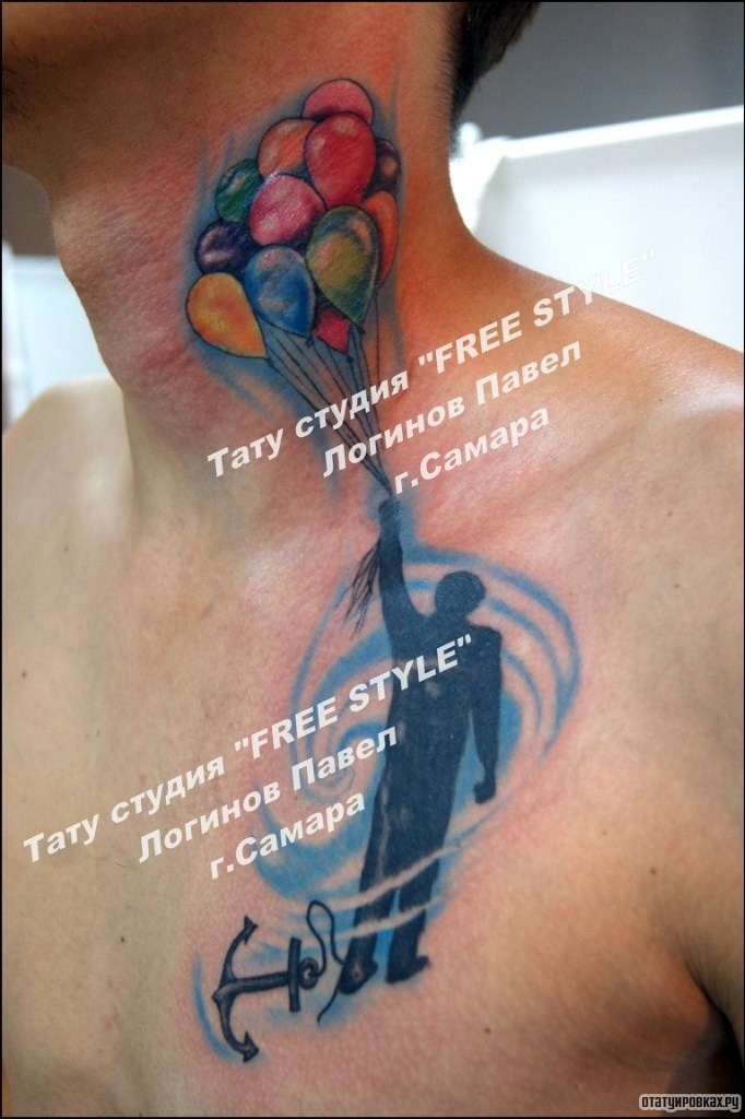 Фотография татуировки под названием «Человек с шариками в руках на груди и шее»