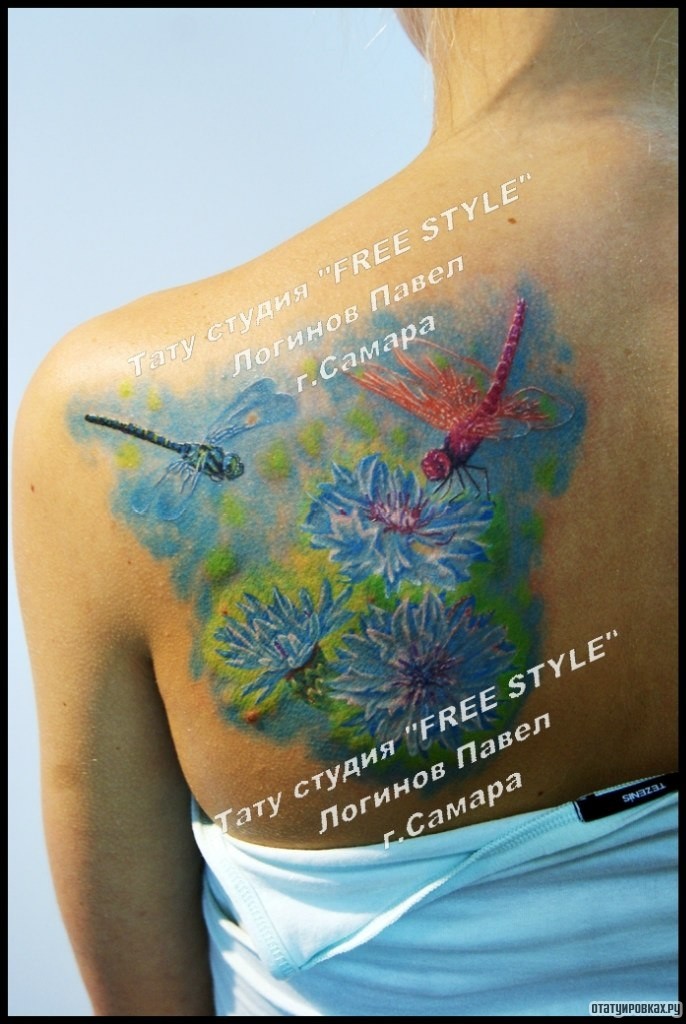 Фотография татуировки под названием «Две стрекозы и синие полевые цветы на лопатке девушки»