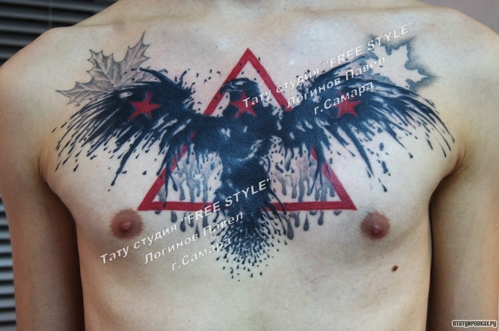Фотография татуировки под названием «Ворон в треугольнике на груди парня»