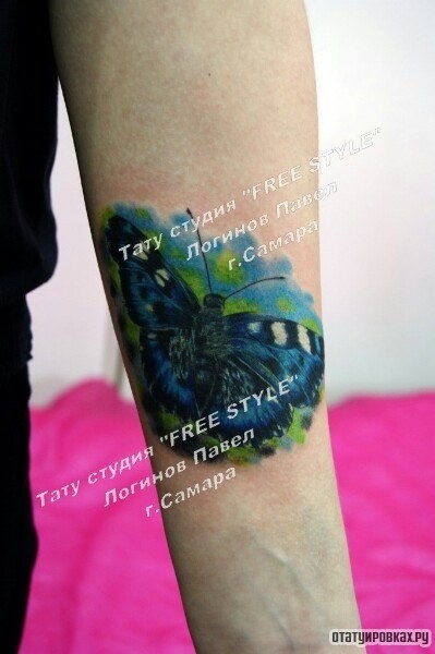 Фотография татуировки под названием «Бабочка на природе, тату на предплечье»