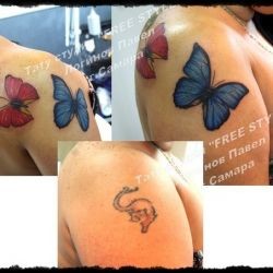 Тату три бабочки каверап на плече девушки