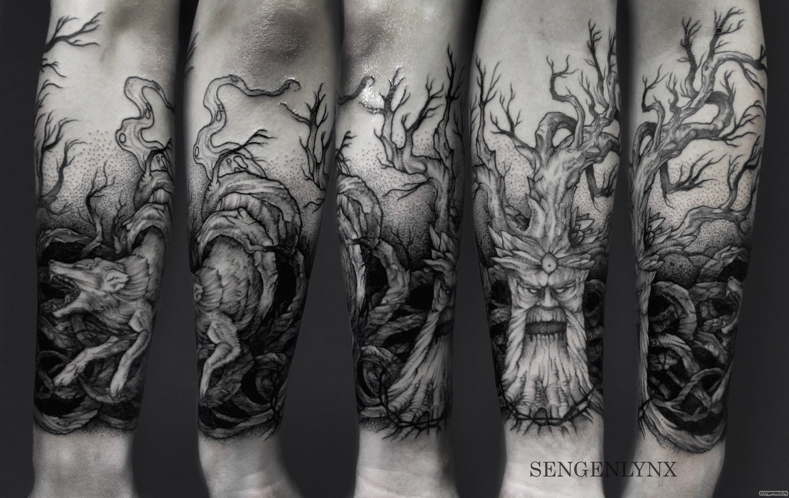 Фотография татуировки под названием «Дерево и волк»
