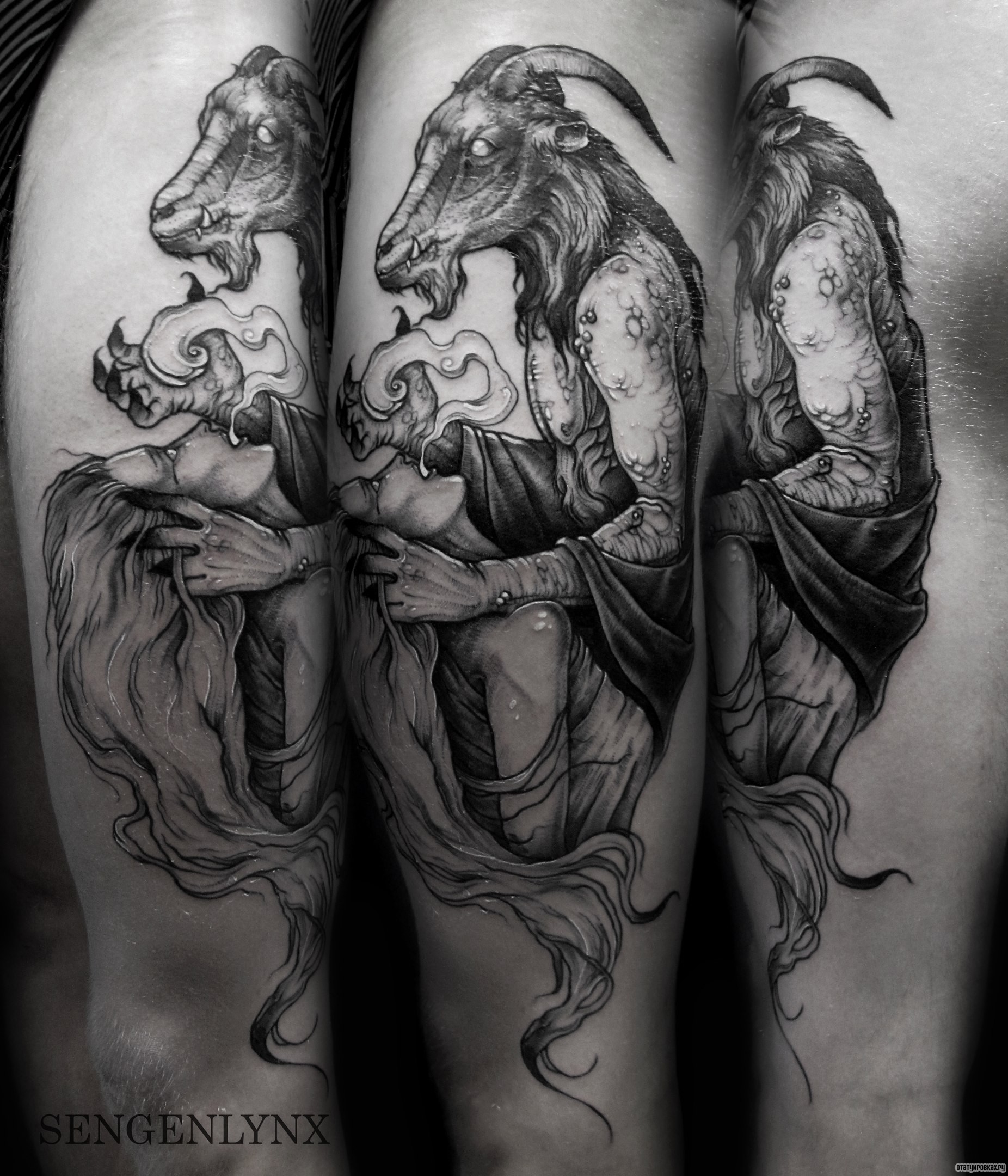 Фотография татуировки под названием «Черт в виде козла с девушкой»