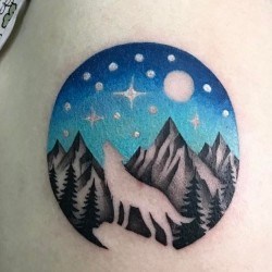 Волк воет на луну на фоне гор на плече