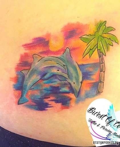 Фотография татуировки под названием «Два дельфина на фоне пальмы»
