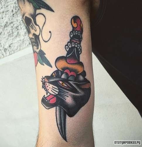 Фотография татуировки под названием «Пантера с кинжалом в голове»
