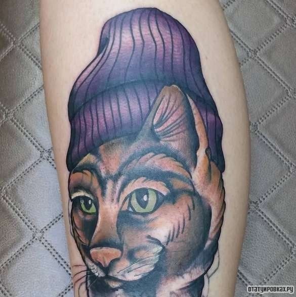 Фотография татуировки под названием «Кошка в шапке»