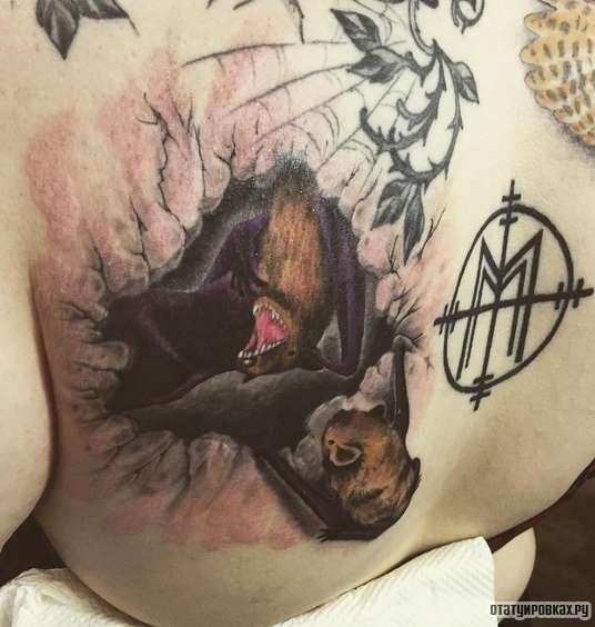 Фотография татуировки под названием «Летучая мышь в спине»