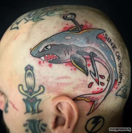 Фотография татуировки под названием «Акула пронизанная острогом»