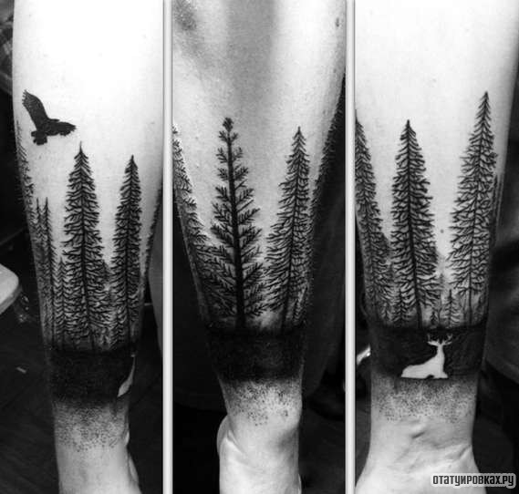 Фотография татуировки под названием «Три дерева и птица»