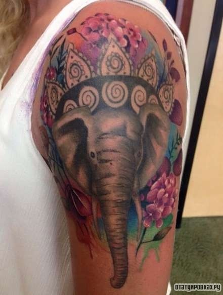 Фотография татуировки под названием «Слон с орхидеями»