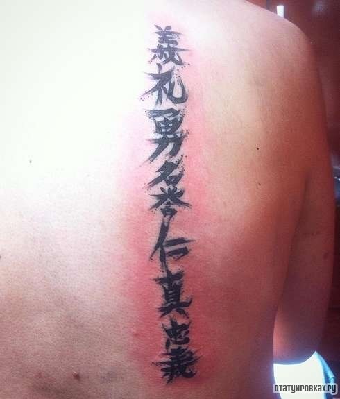 Фотография татуировки под названием «Иероглифы по позвоночнику»