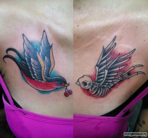 Фотография татуировки под названием «Ласточка и скелет ласточки»