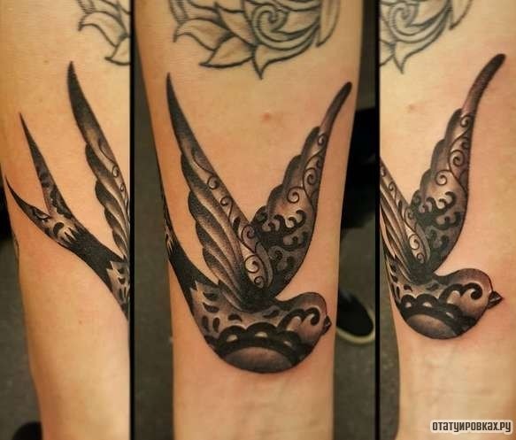 Фотография татуировки под названием «Ласточка в темных тонах»