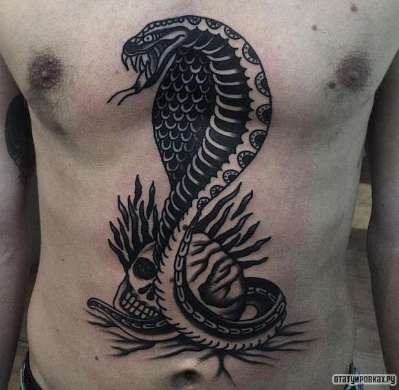 Фотография татуировки под названием «Змея кобра и череп»